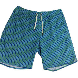 Fair Harbor Men's Lined Swim Trunks Sz XL Blue Green Geometric Diamond Bungalow